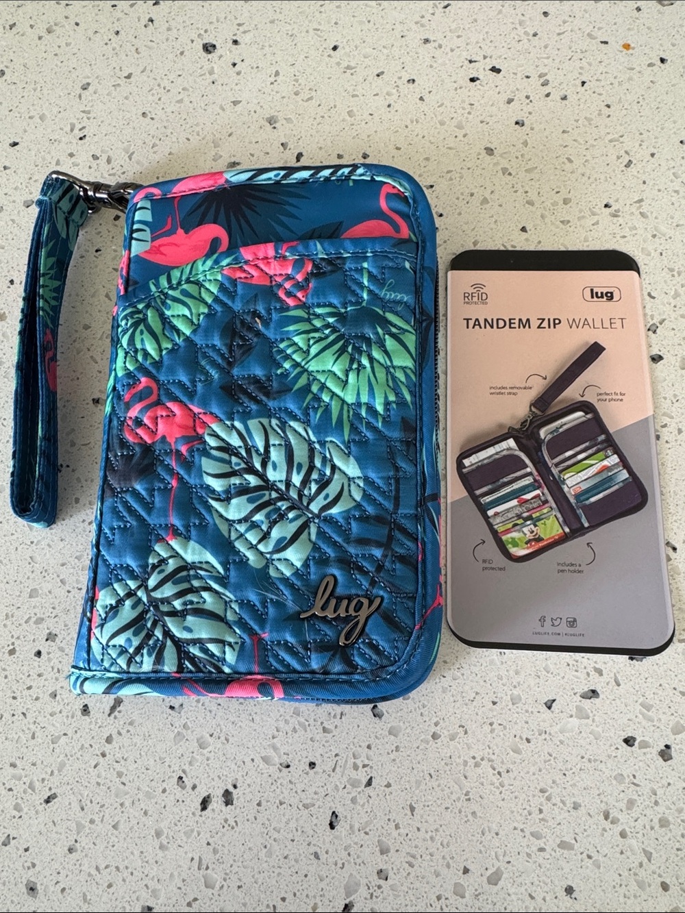 lug Tandem Zip SE RFID Wallet Passport Blue Tropical and Flamingo Print NWT